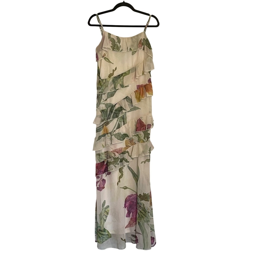 PrettyLittleThing Garden Floral Ruffle Maxi Dress Tiered Sz 6 Forest Fairy